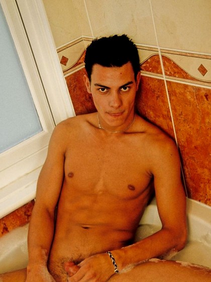 Sexy twink Tino takes a bath and then a shower and shows off his long boy-cock.