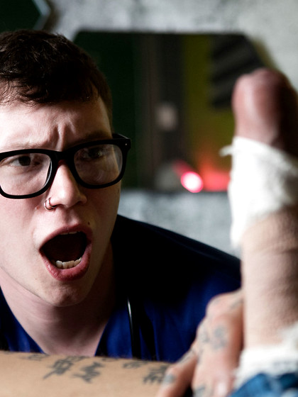 Nerdy twink Bo Sinn takes injured inked dude Marco Bianchi's cock in his ass